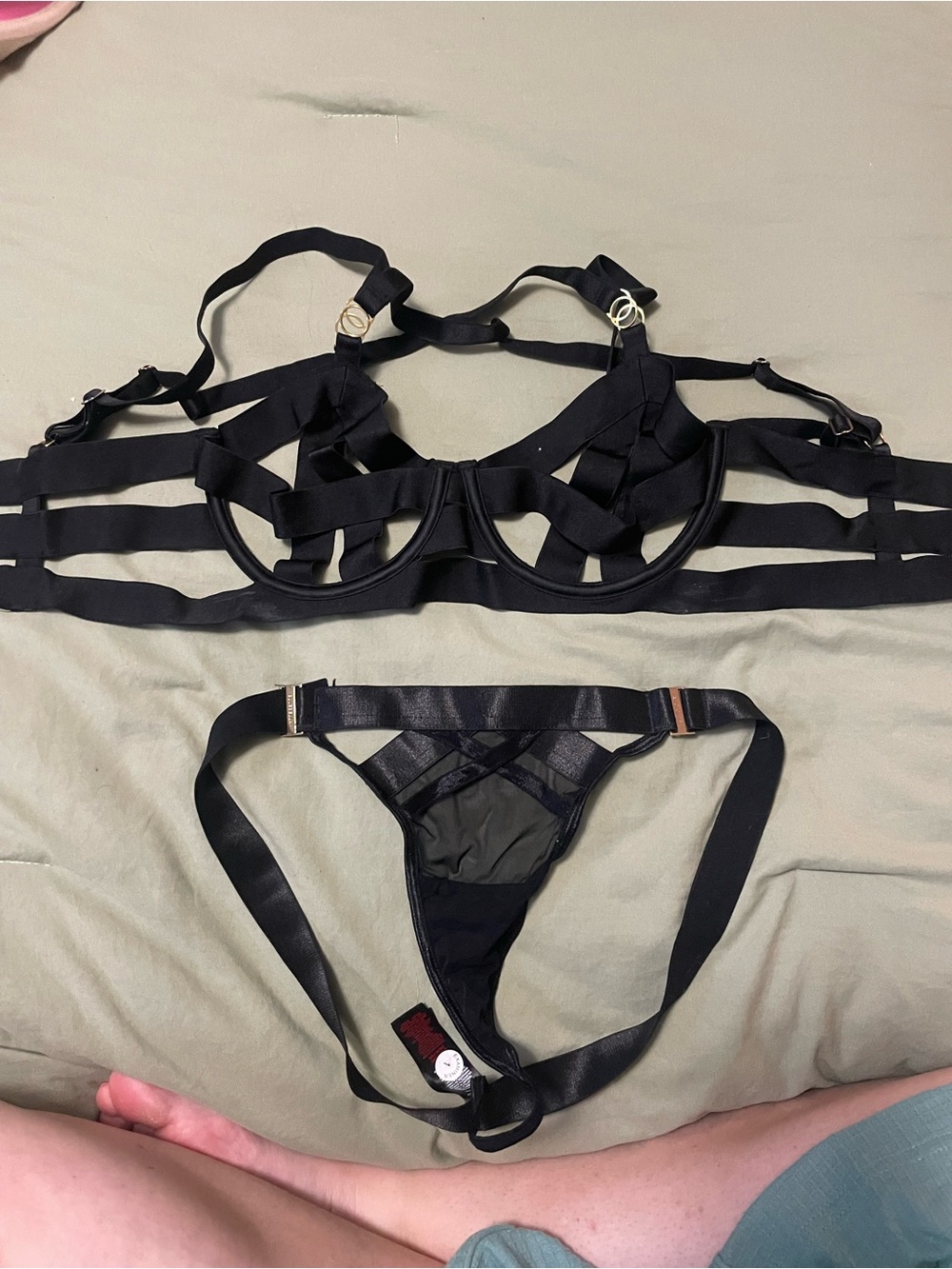 Victoria's Secret Black Strappy Cage Bra and Thong Set